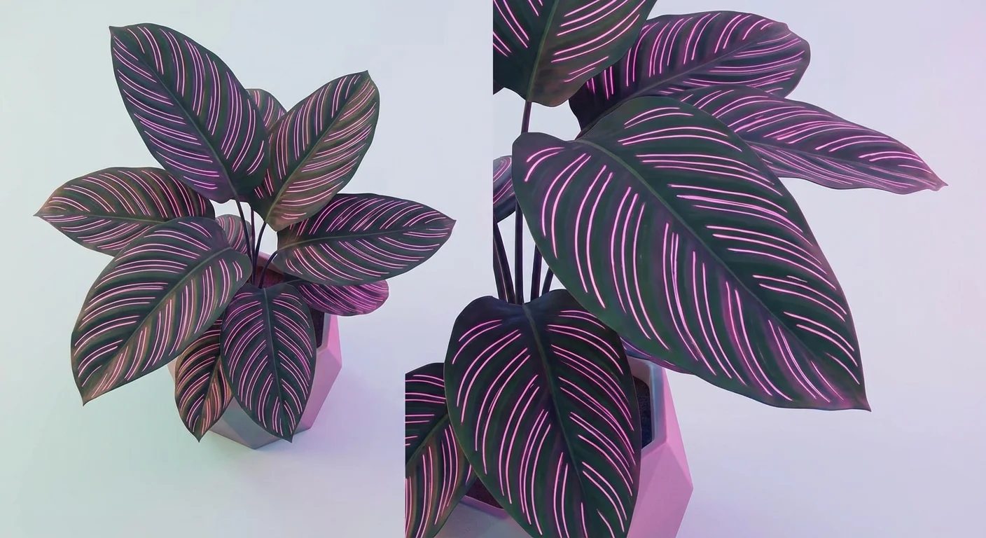 3D digital art of a Calathea ornata with pink pinstriped leaves.