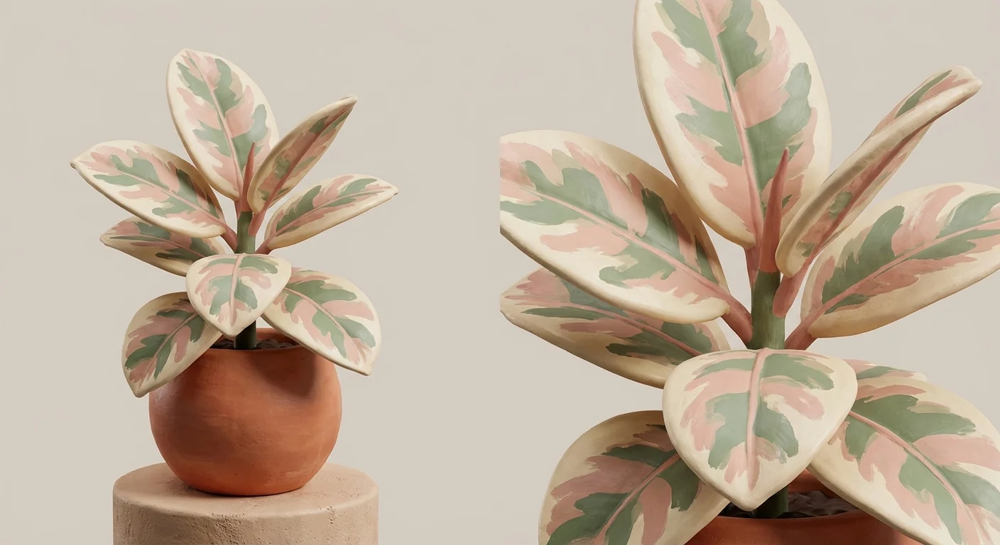 3D digital art of a Ficus Tineke with cream and pink variegated leaves.