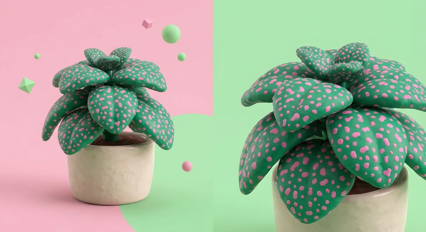 3D digital art of a pink and green Polka Dot Plant.