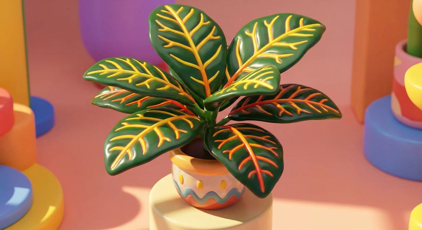 3D digital illustration of a colorful Croton plant with red and yellow veins.