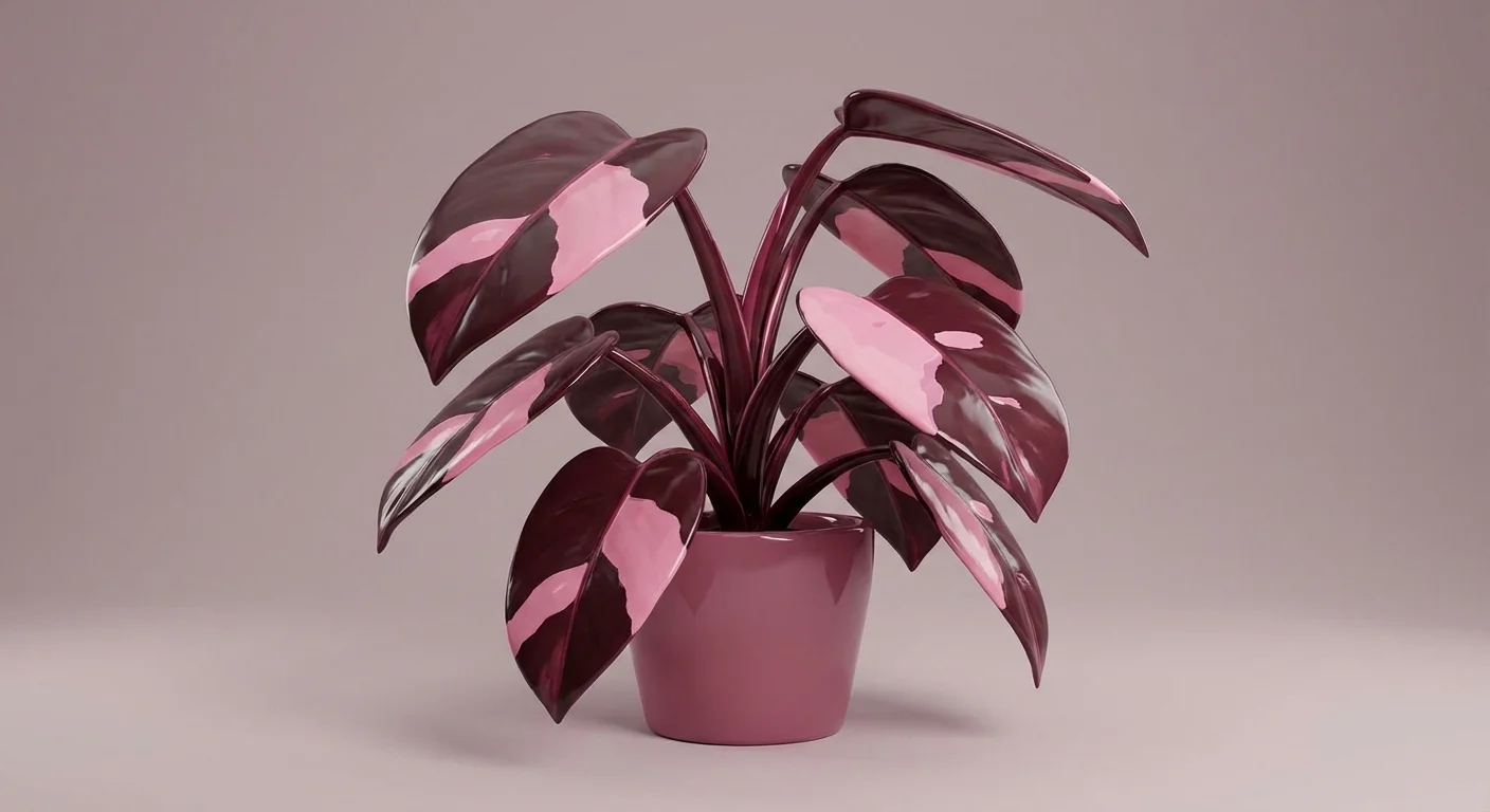3D digital illustration of a Pink Princess Philodendron with pink and dark green leaves.