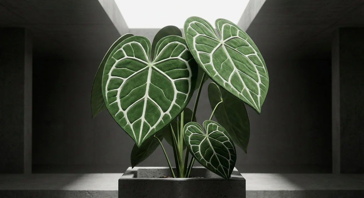 3D digital rendering of an Anthurium with white geometric leaf veins.