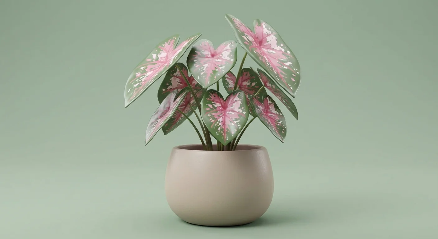 3D render of a Caladium plant with pink and green heart-shaped leaves.