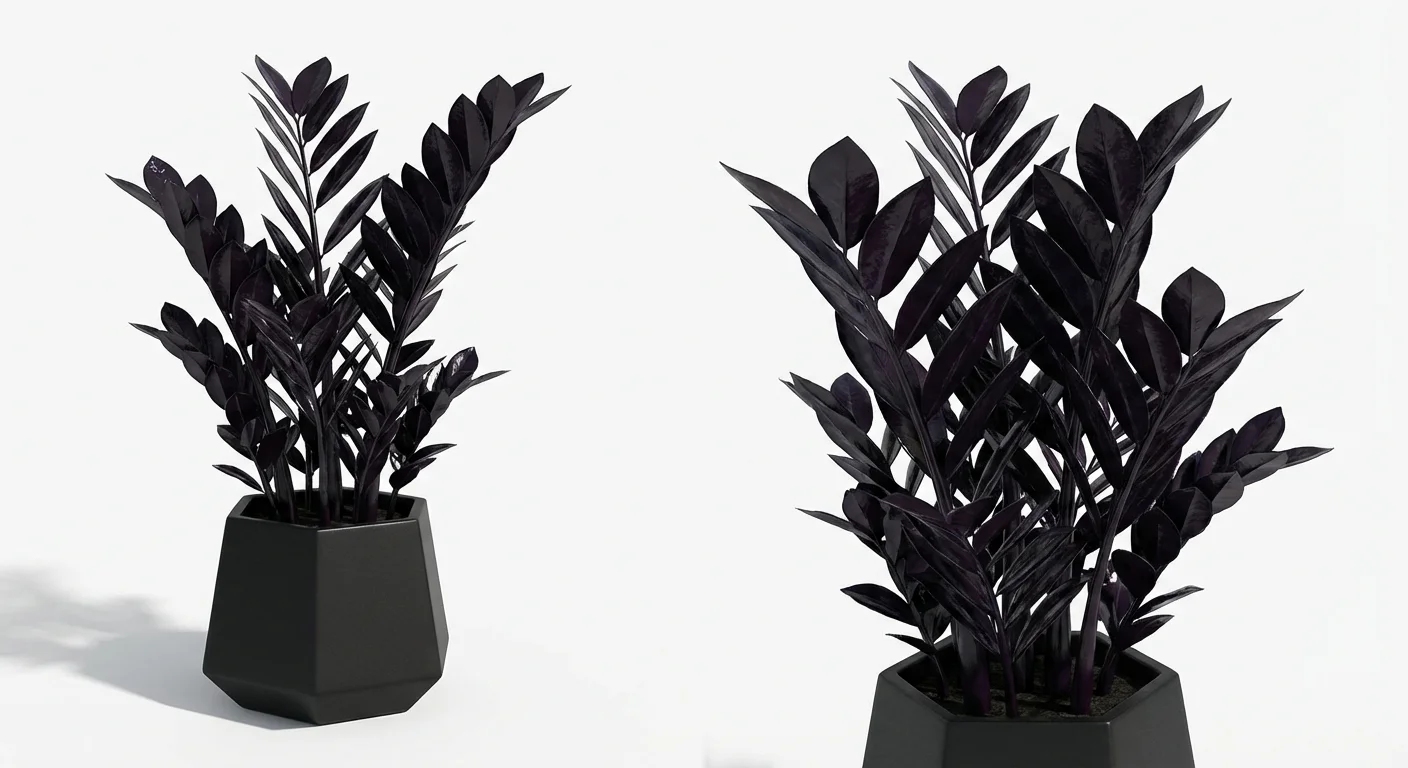 3D render of a ZZ Raven plant with dark, black-purple leaves.