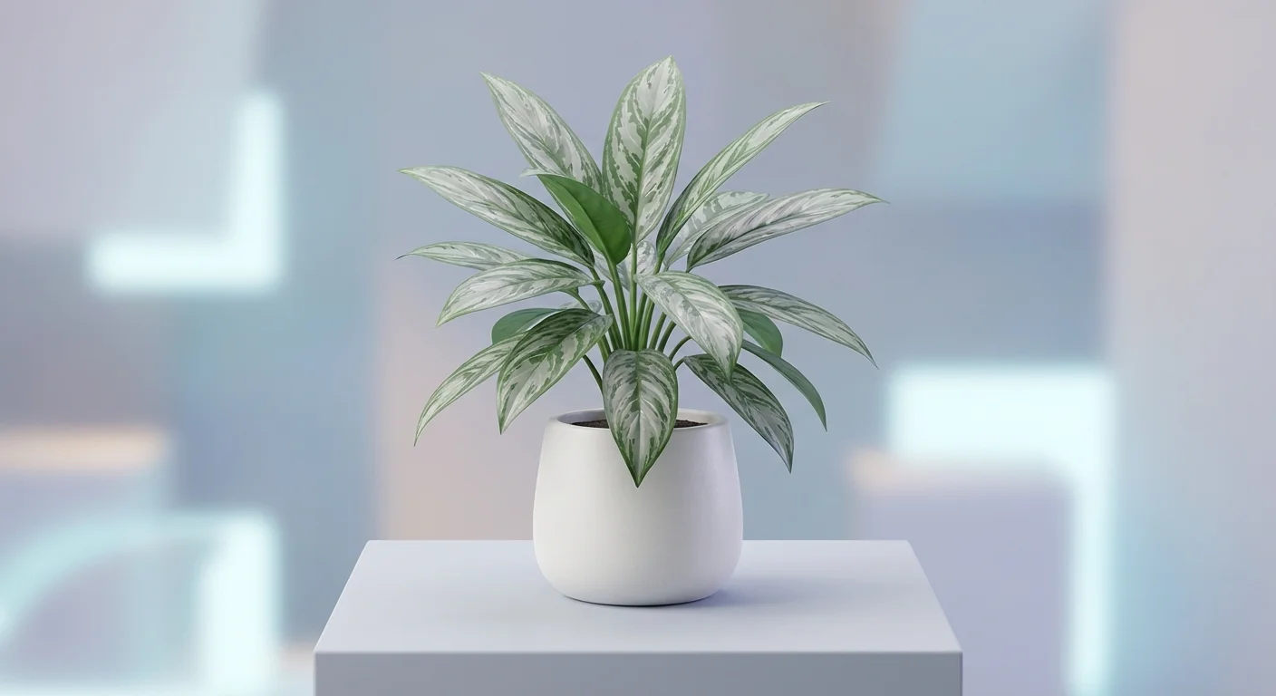 3D render of an Aglaonema plant with silver and green patterned leaves.