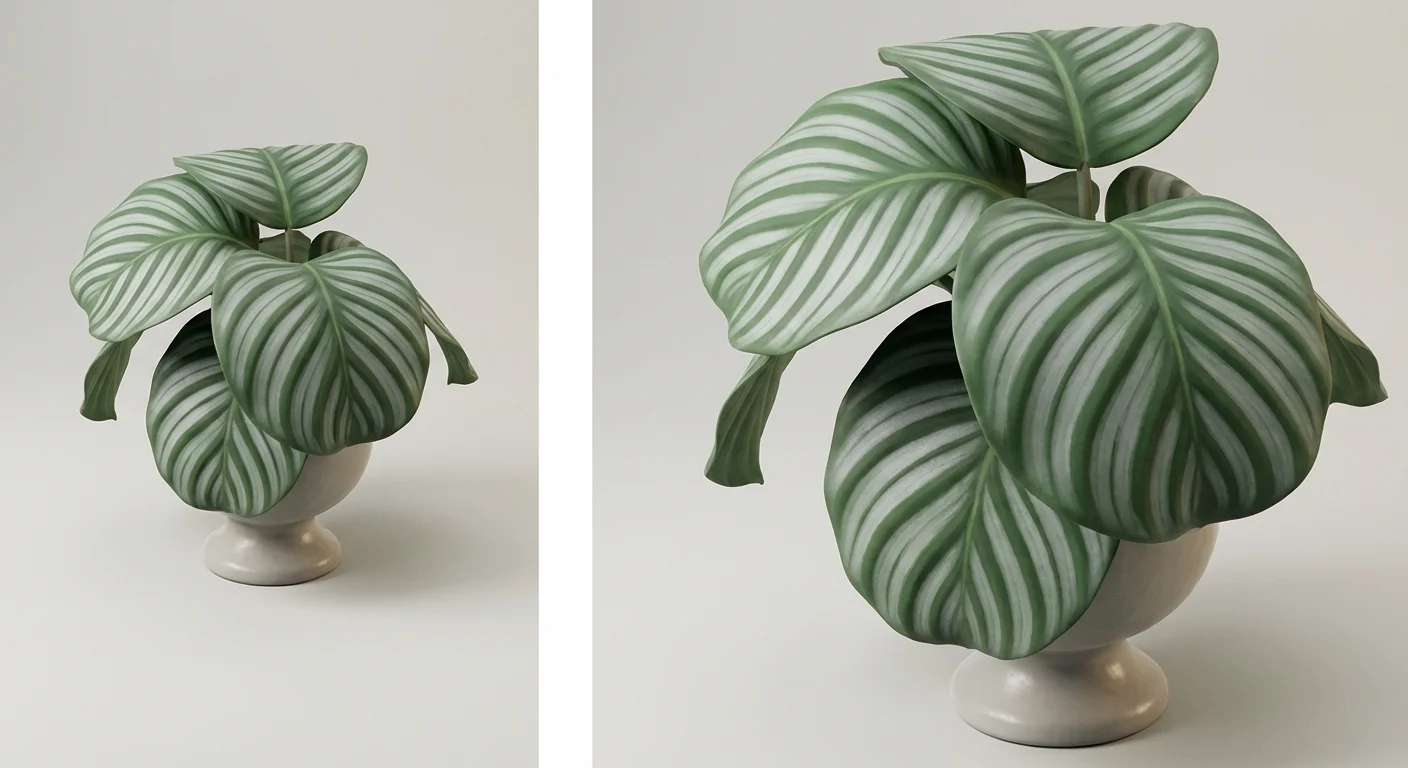 3D rendering of a Calathea orbifolia with round striped leaves.