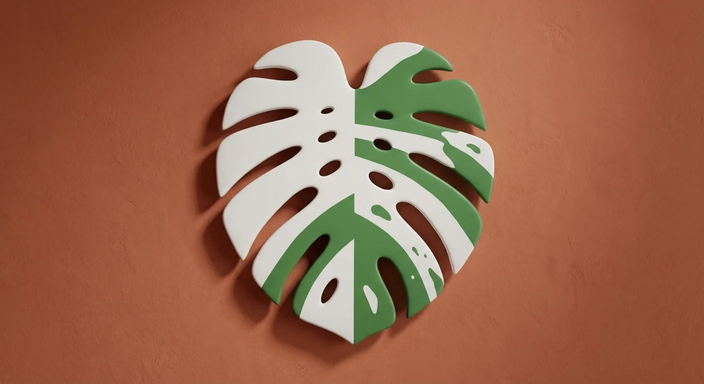 3D stylized Monstera leaf with white and green variegated patterns.