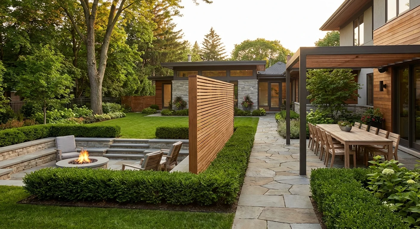 A backyard divided into functional zones using screens and hedges for privacy.
