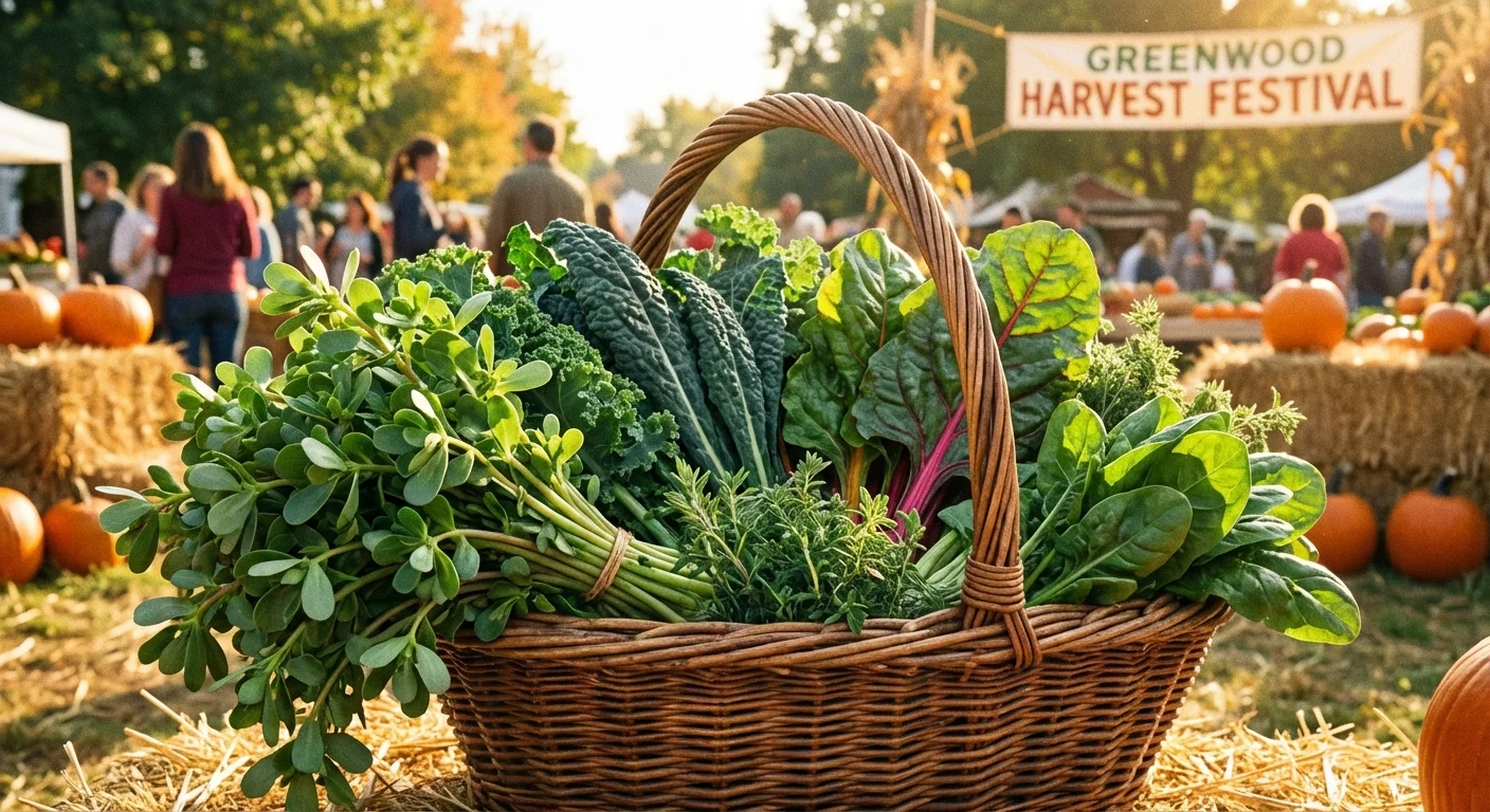 A basket filled with freshly harvested garden greens and purslane.