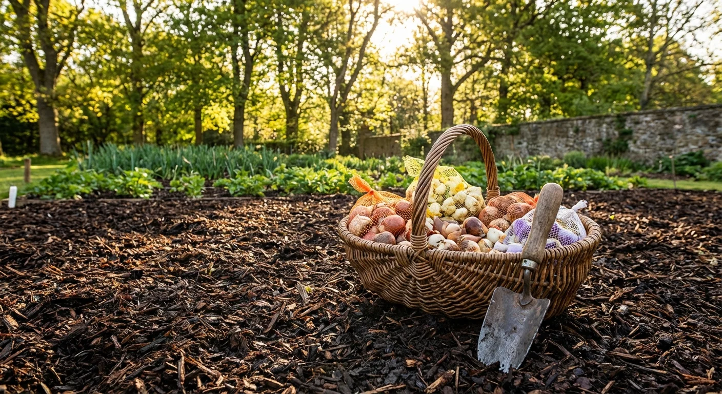 A basket of flower bulbs and a trowel on a garden bed.