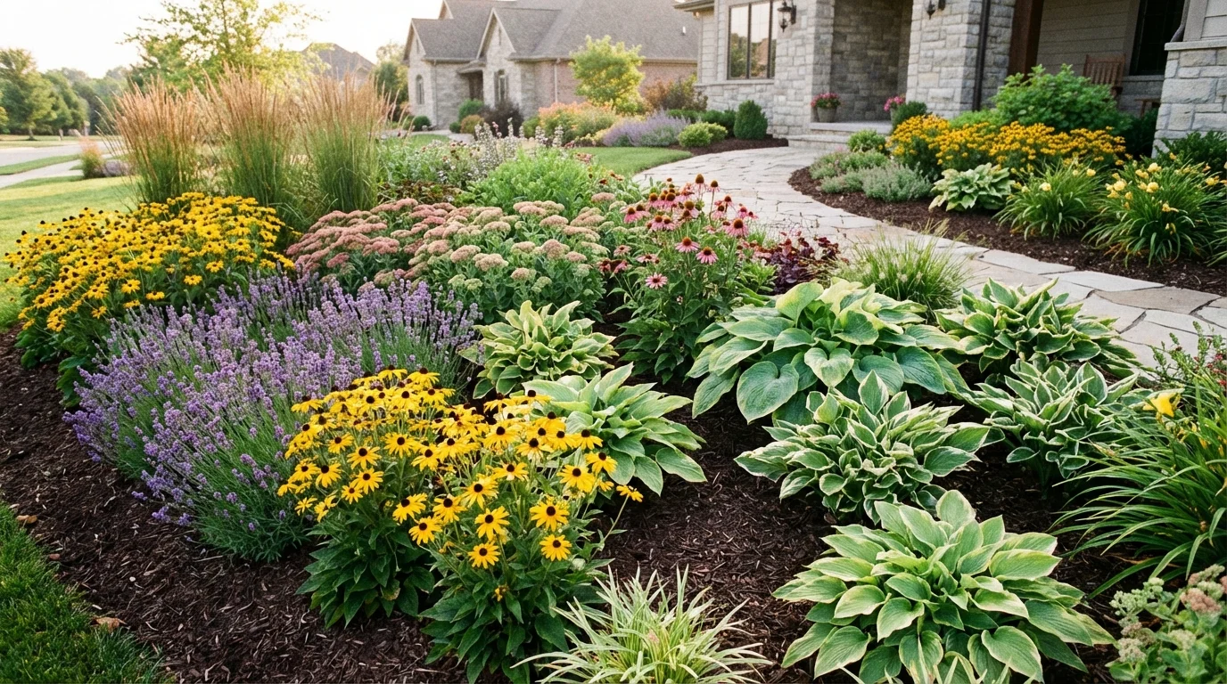 A beautiful, diverse perennial garden with various flowering plants.