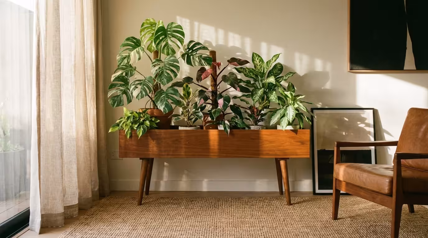 A beautiful indoor plant corner with various rare and variegated species on a wooden stand.