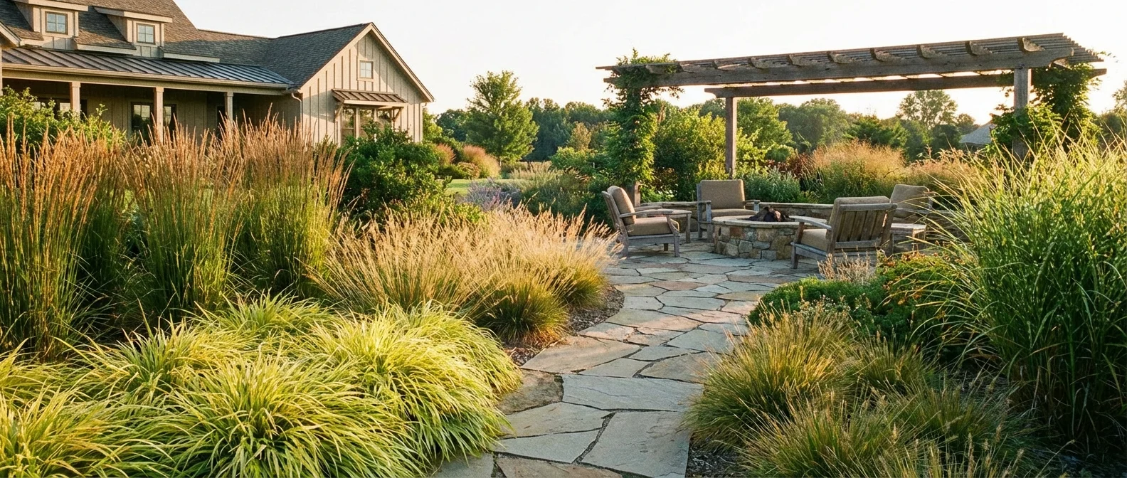 A beautiful, low-maintenance backyard landscape featuring a variety of ornamental grasses.