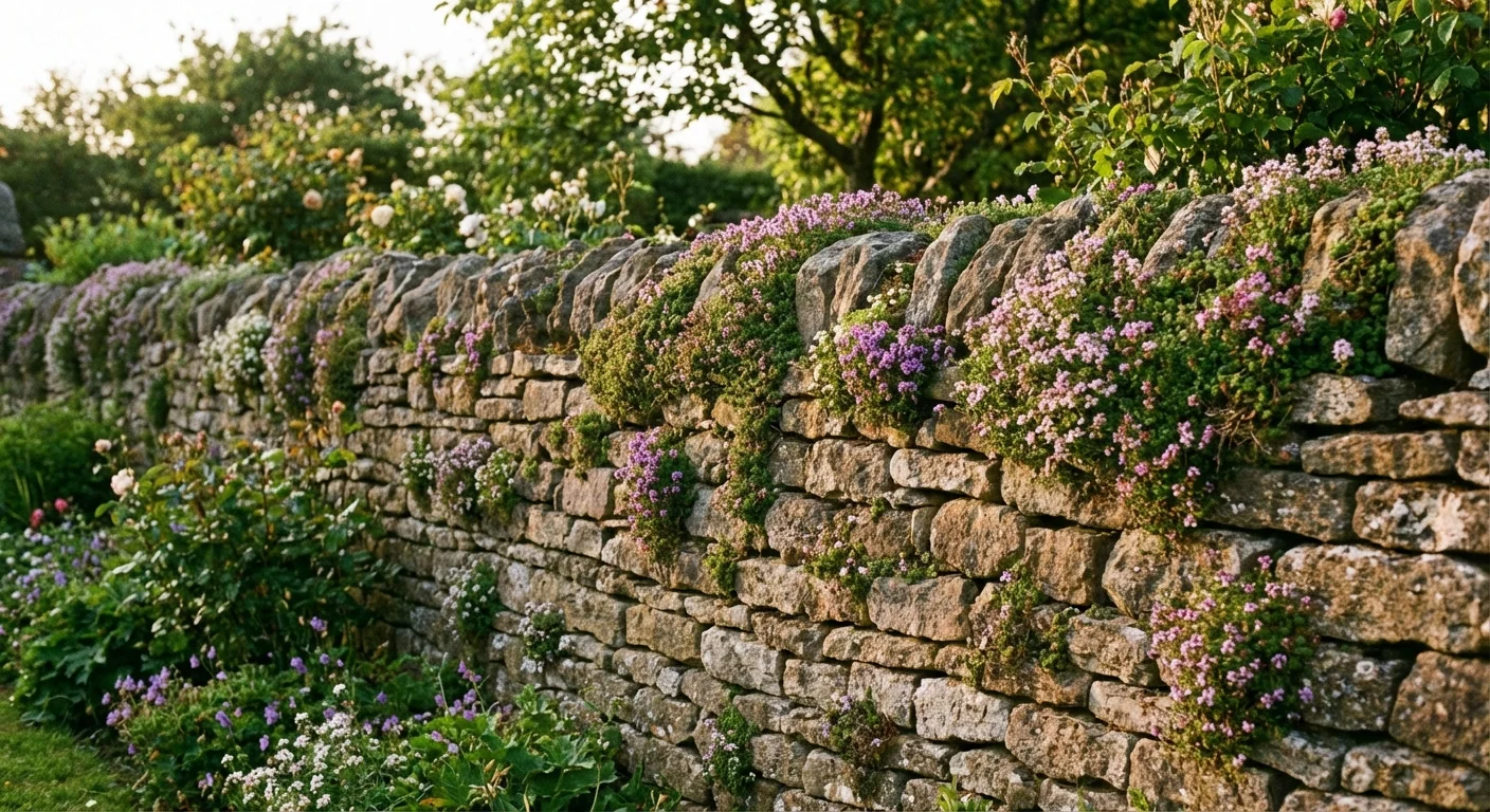 A beautiful rustic stone wall in a garden setting, providing both privacy and character.