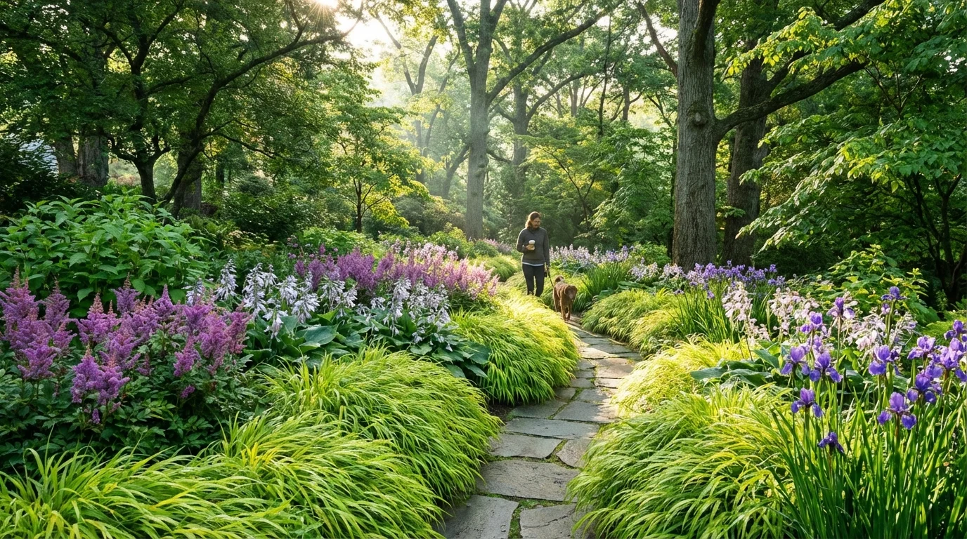 A beautiful shade garden featuring a stone path, golden forest grass, and purple blooms under soft light.