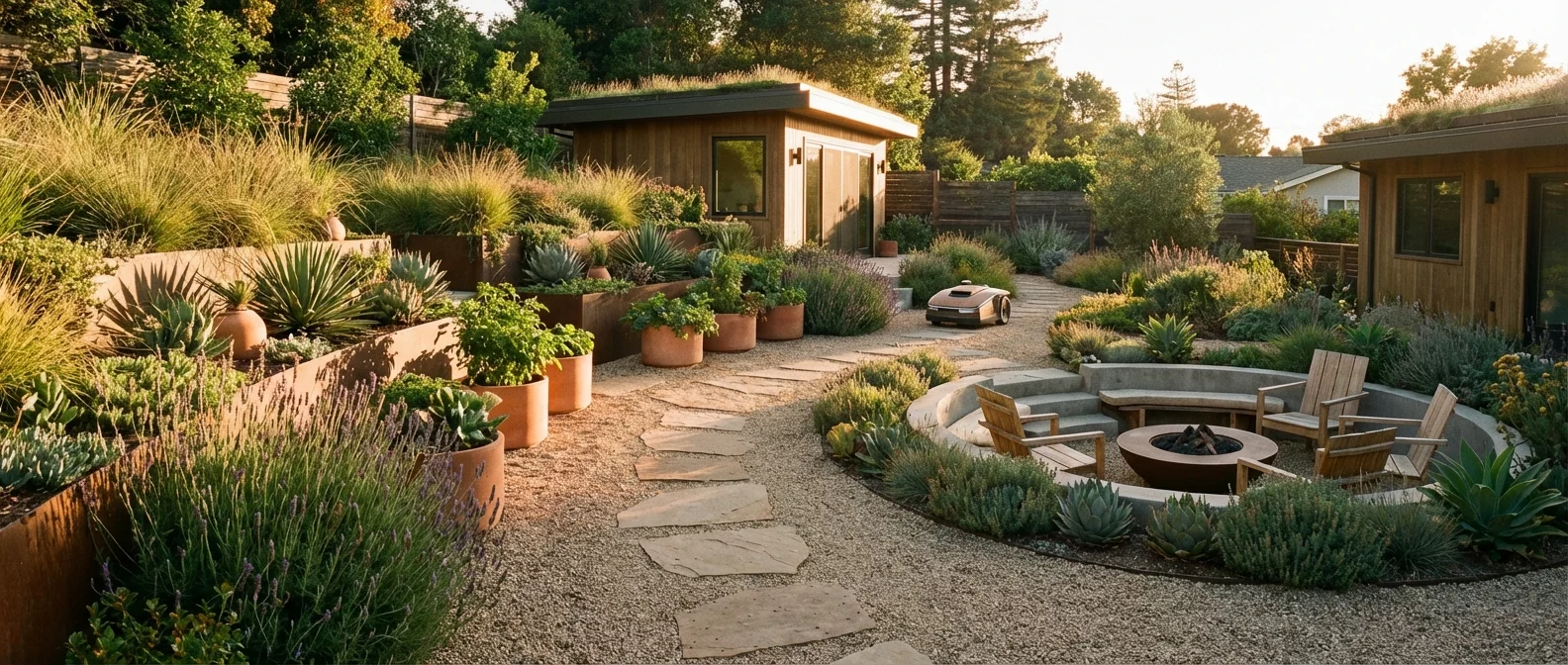 A beautiful, sustainable backyard garden layout featuring diverse plants and a stone path.