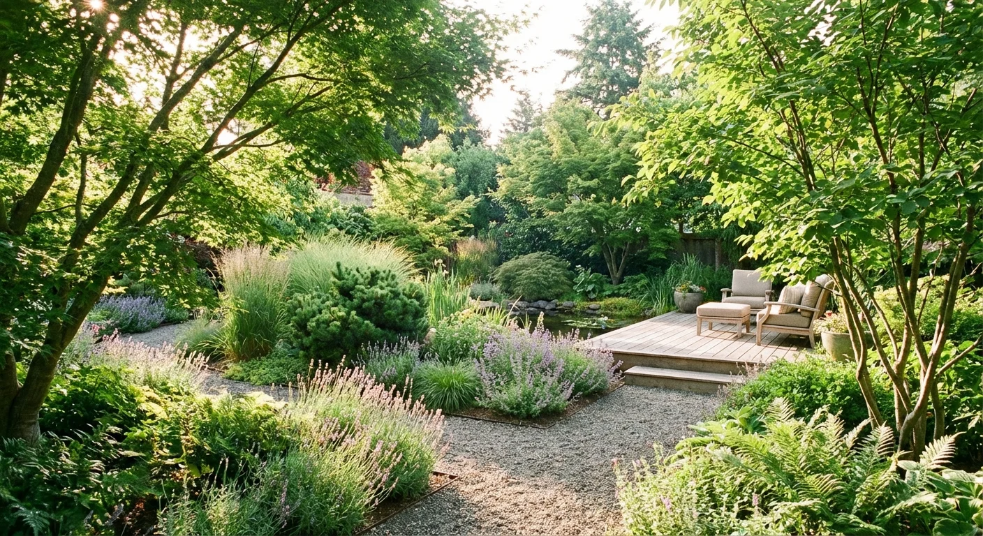 A beautifully landscaped garden with various low-maintenance trees providing structure and greenery.