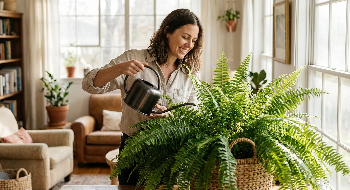 A beginner gardener happily watering a large, healthy Boston fern in a bright room.