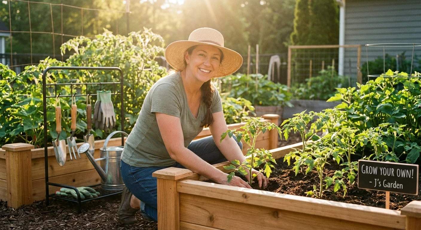 A beginner gardener planting vegetable seedlings in a raised cedar garden bed on a sunny morning.