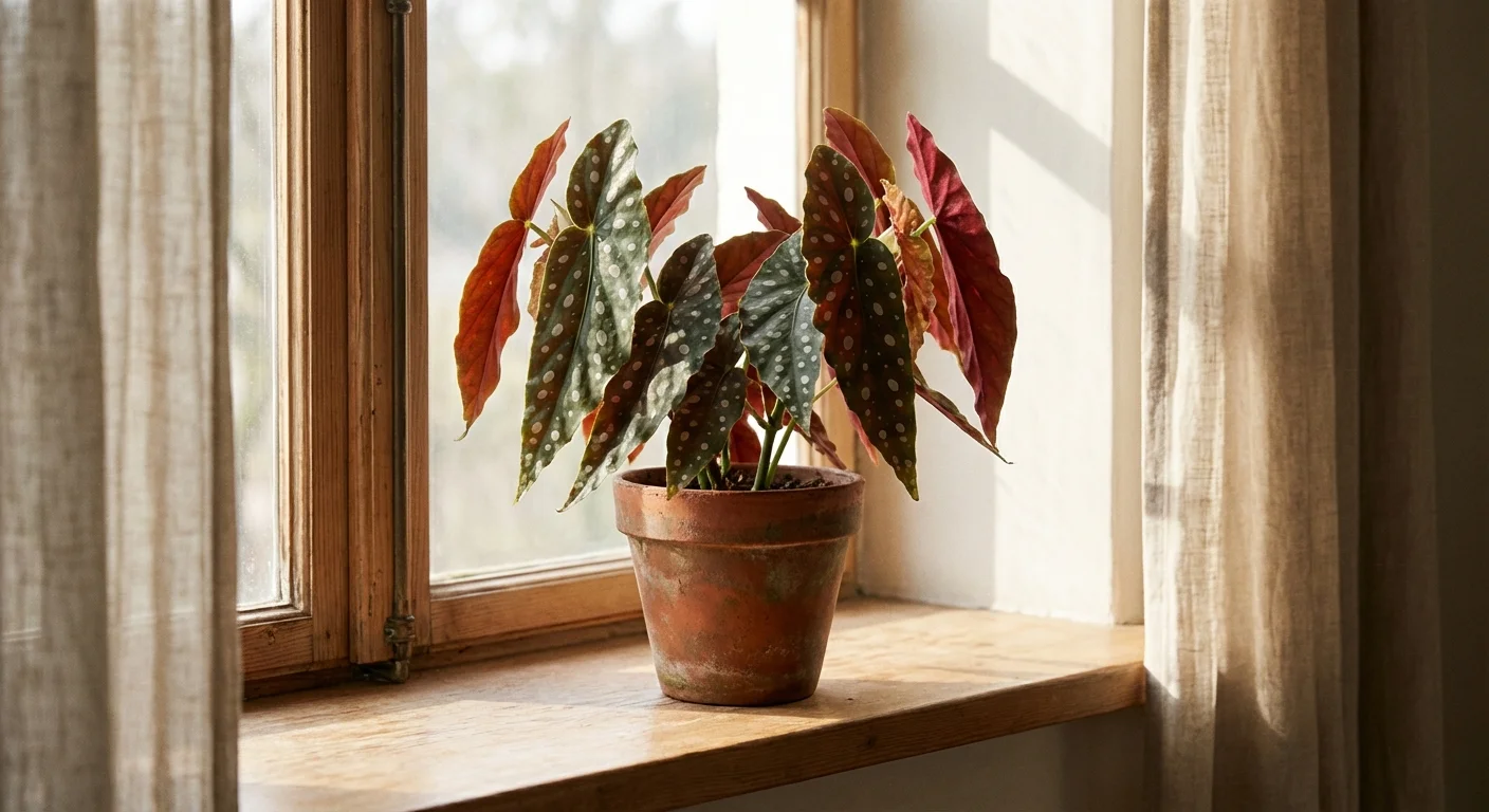 A Begonia Maculata plant with silver polka dots on green leaves and red backs.