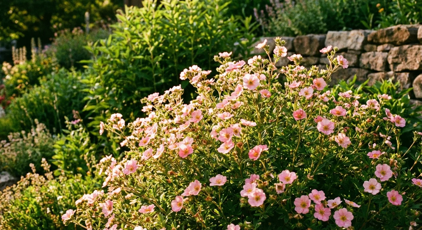 A Bella Bellissima Potentilla shrub with bright pink flowers blooming in a sunny garden.
