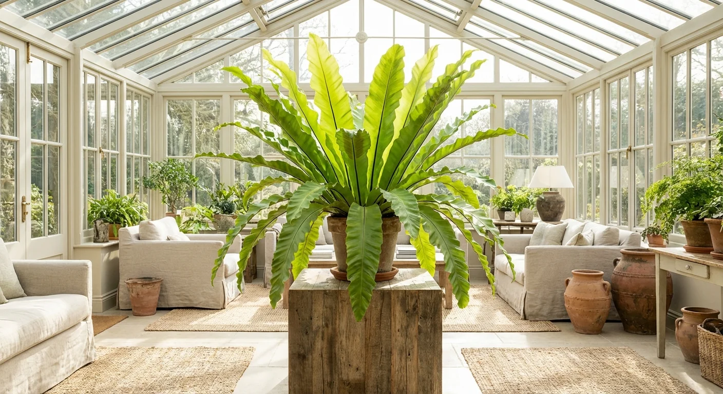 A Bird's Nest Fern in a bright, open sunroom.