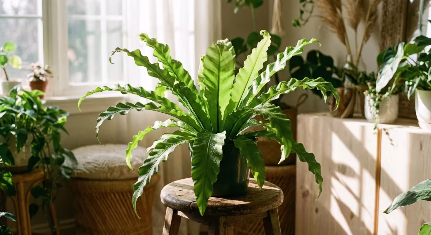 A Bird's Nest Fern with wavy, bright green leaves in a cozy setting.