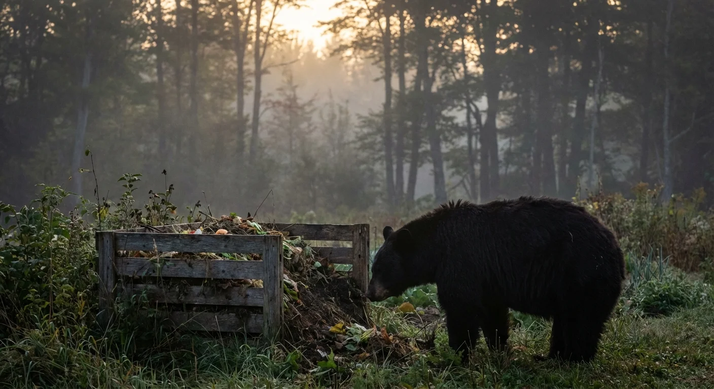 A black bear scavenging near a compost bin at the edge of a garden during dawn.