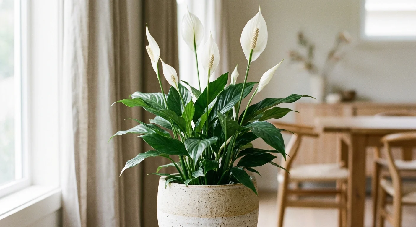 A blooming Peace Lily plant with elegant white flowers in a minimalist ceramic pot.