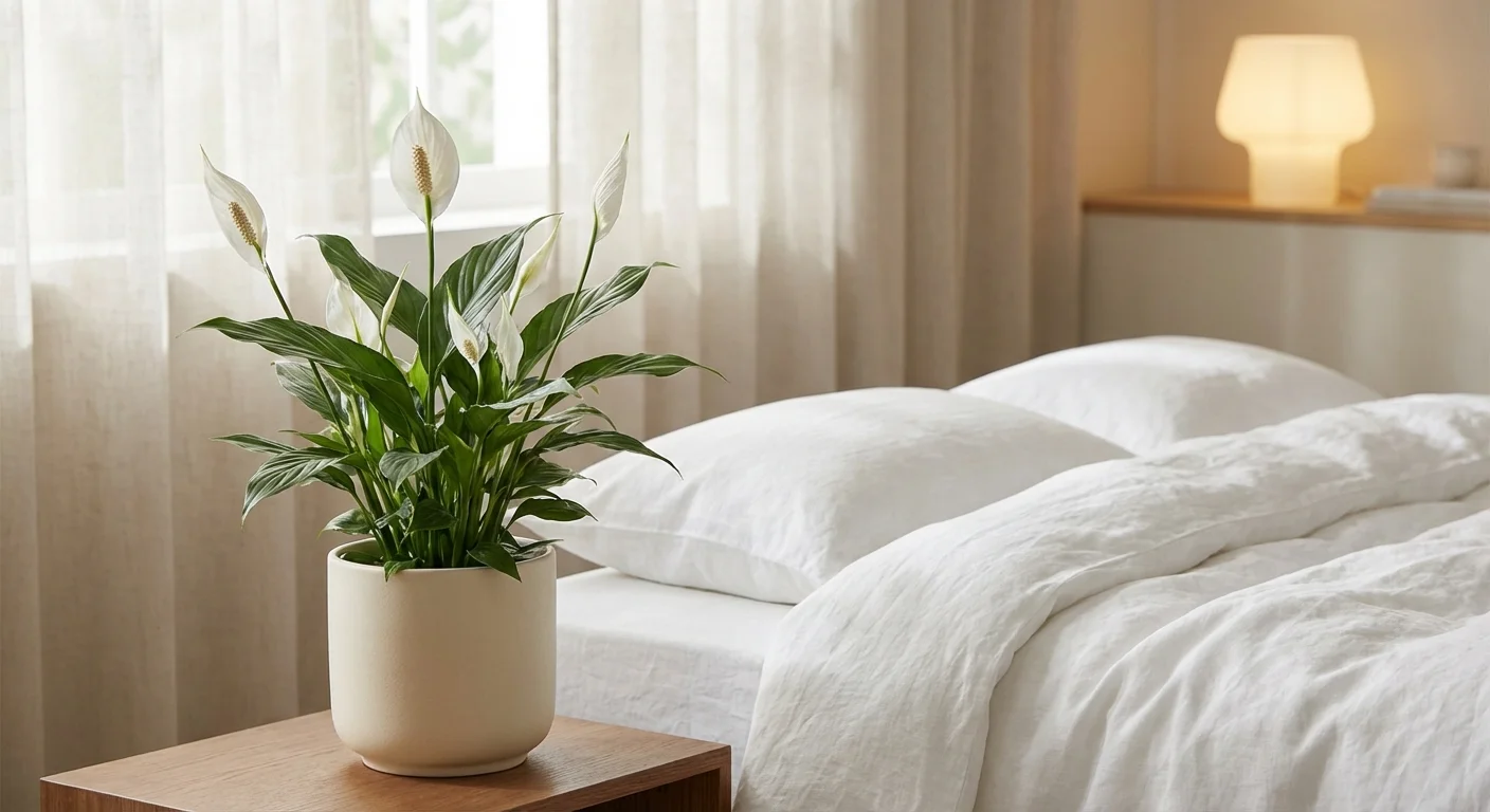 A blooming Peace Lily plant with white flowers in a bright, serene bedroom.