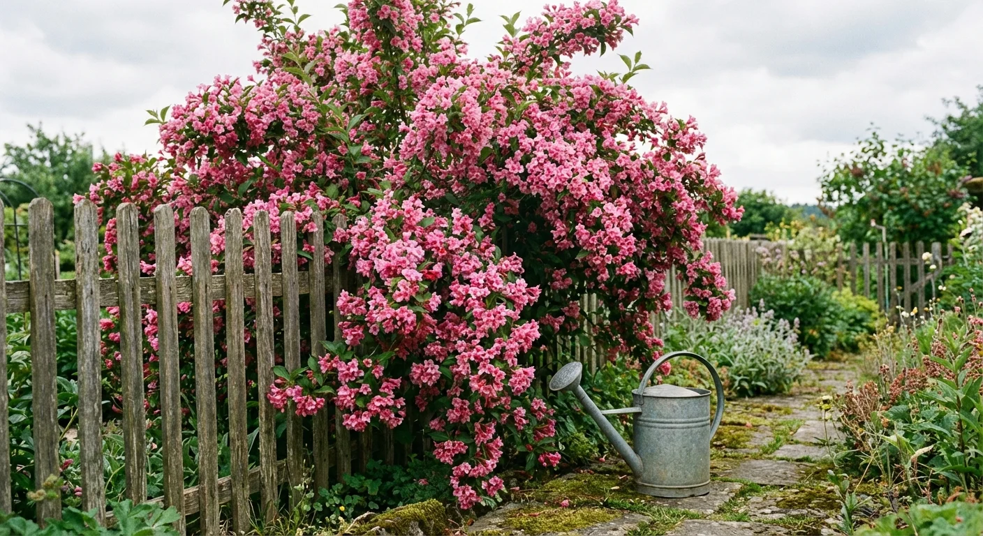 A blooming pink Weigela shrub growing next to a garden fence in soft daylight.