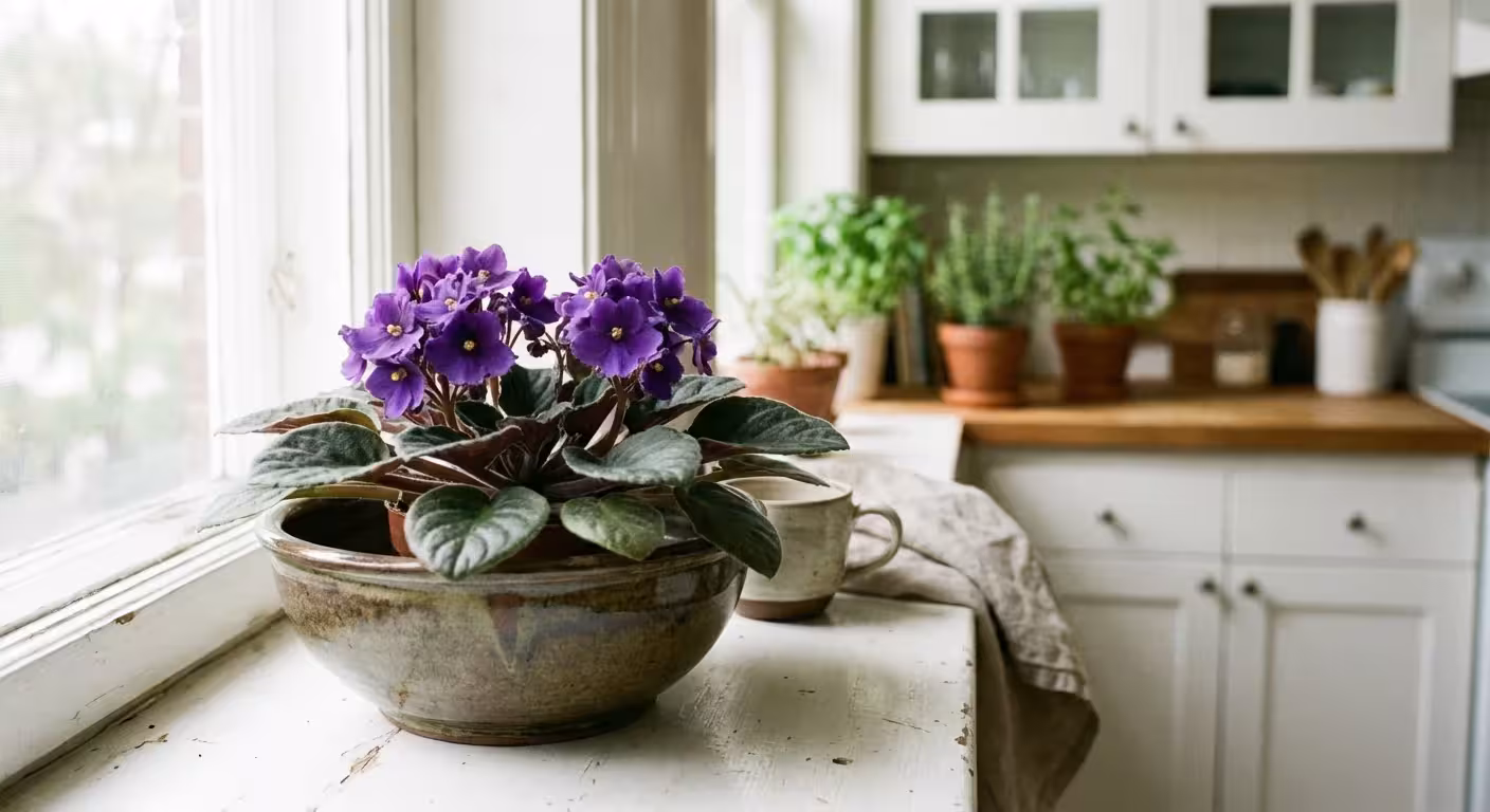 A blooming purple African violet in a white ceramic pot on a sunny kitchen windowsill.