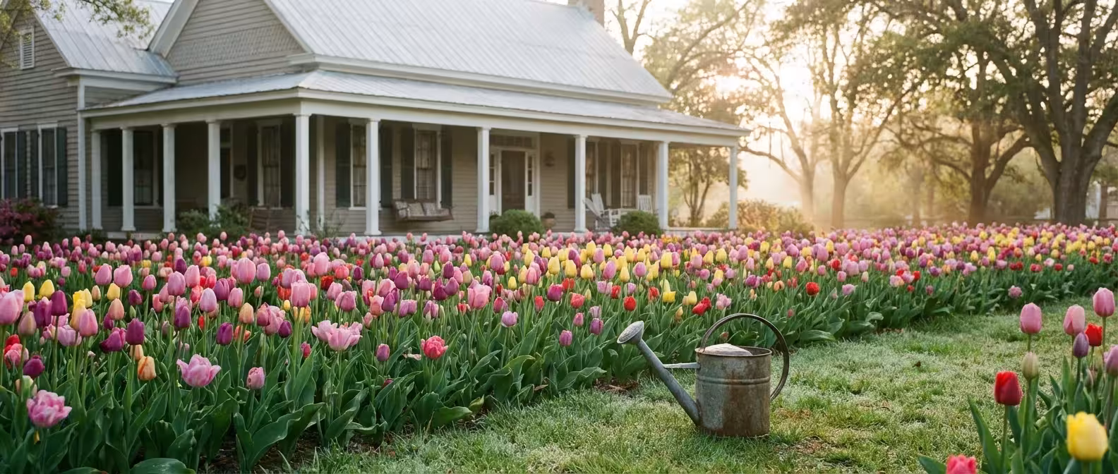 A blooming tulip garden in front of a charming Southern cottage.