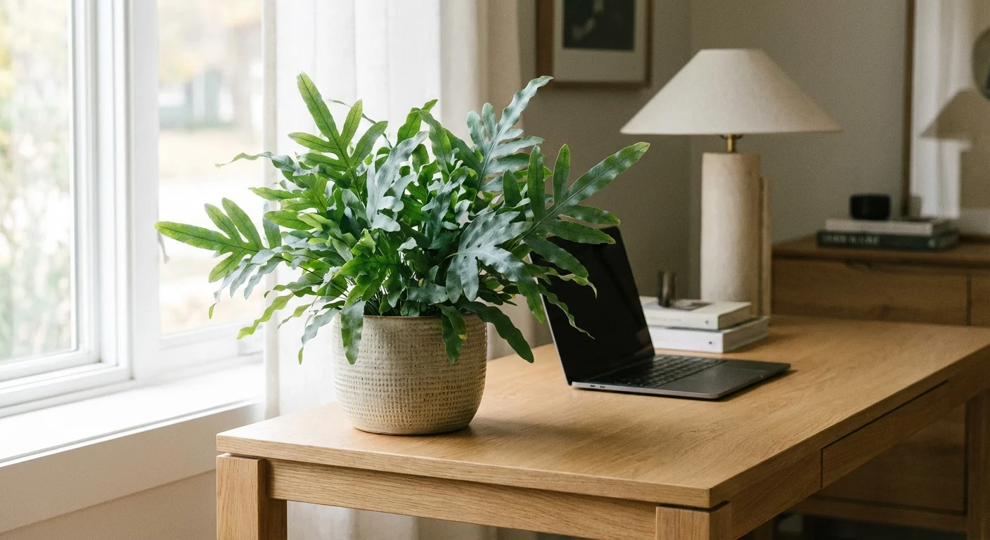 A Blue star fern with silvery-blue leaves in a pot on a wooden desk.