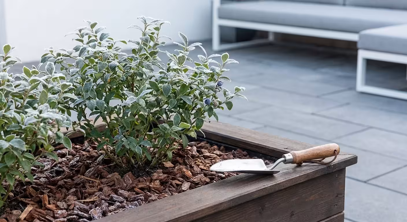A blueberry bush in a raised wooden garden bed with fresh mulch.