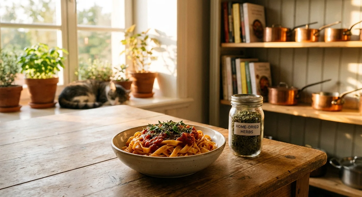 A bowl of pasta garnished with herbs next to a jar of dried herbs.