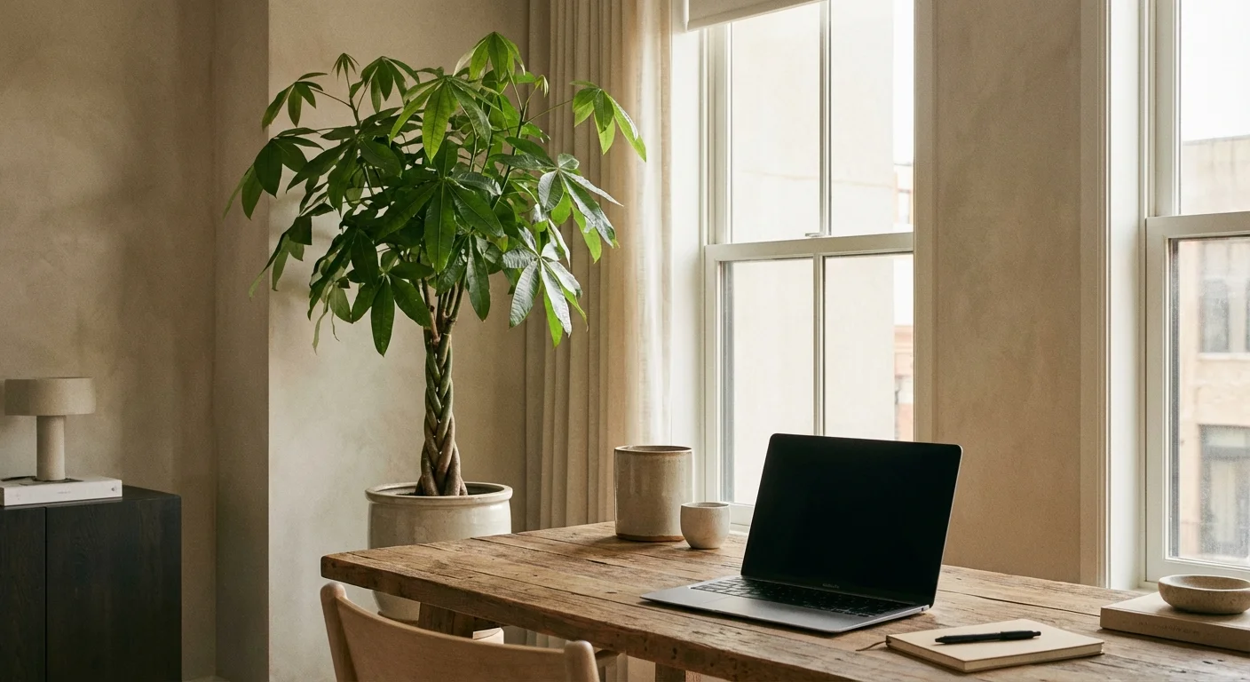 A braided Money Tree plant on a modern wooden desk in a bright home office.
