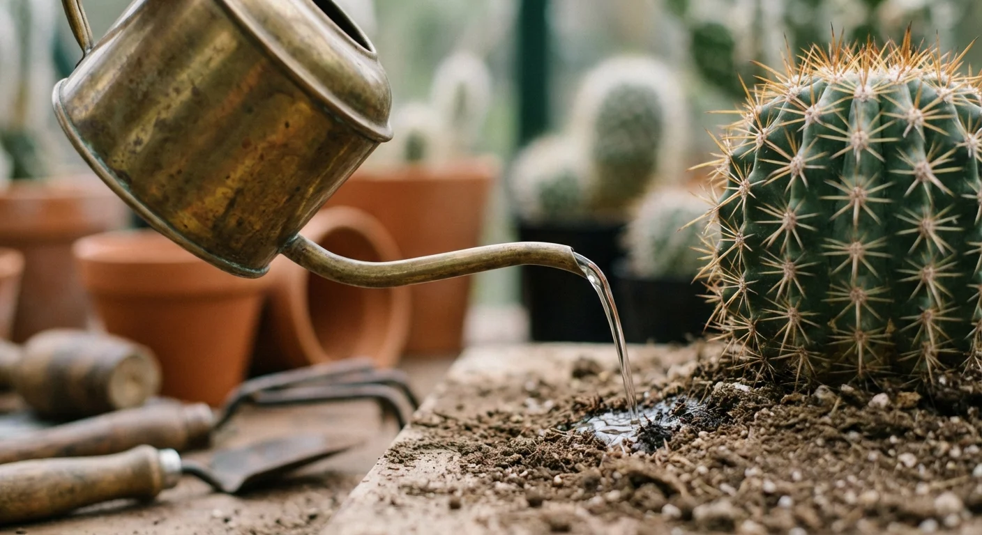 A brass watering can precisely watering the base of a cactus.