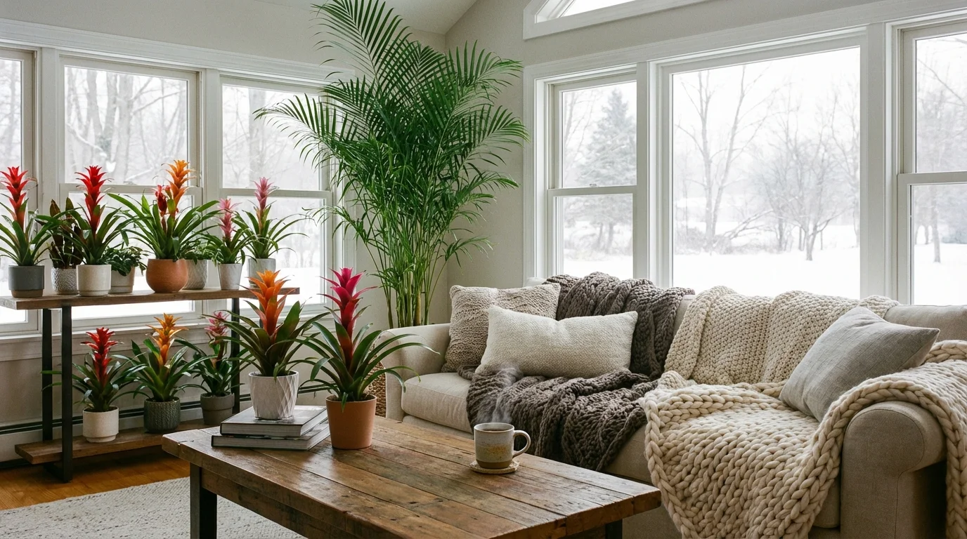 A bright, cozy living room filled with lush houseplants and warm decor to brighten a winter day.