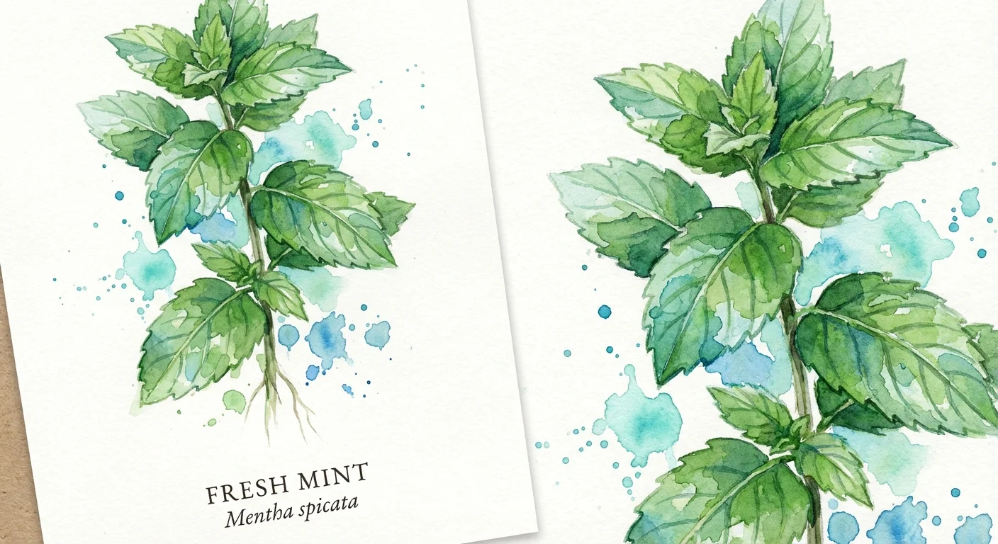 A bright green watercolor painting of a mint sprig with textured leaves.