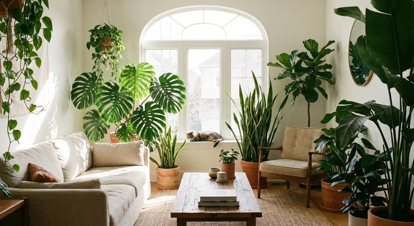 A bright modern living room filled with many large, green houseplants.