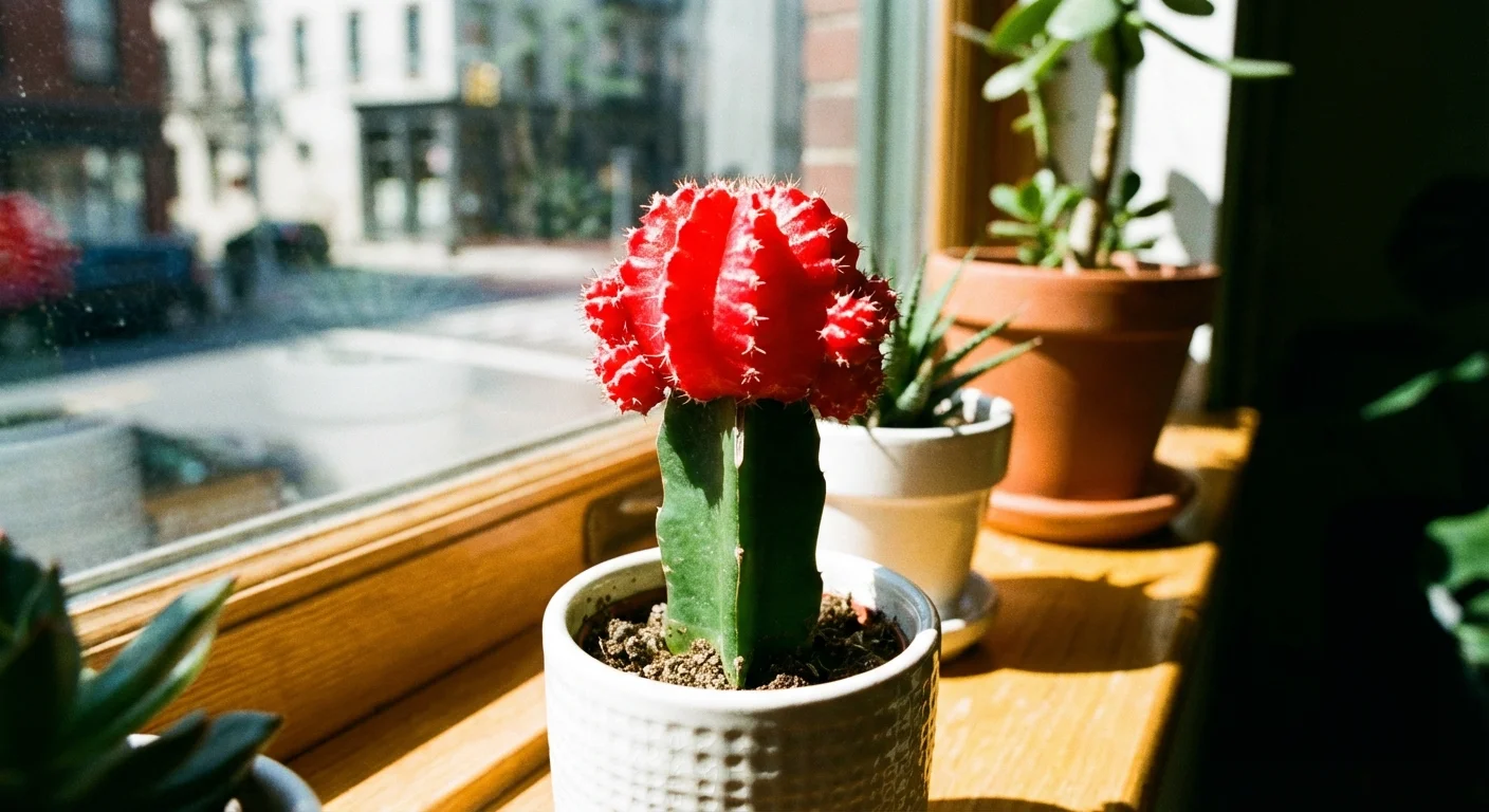 A bright red Moon Cactus plant in a small white ceramic pot.