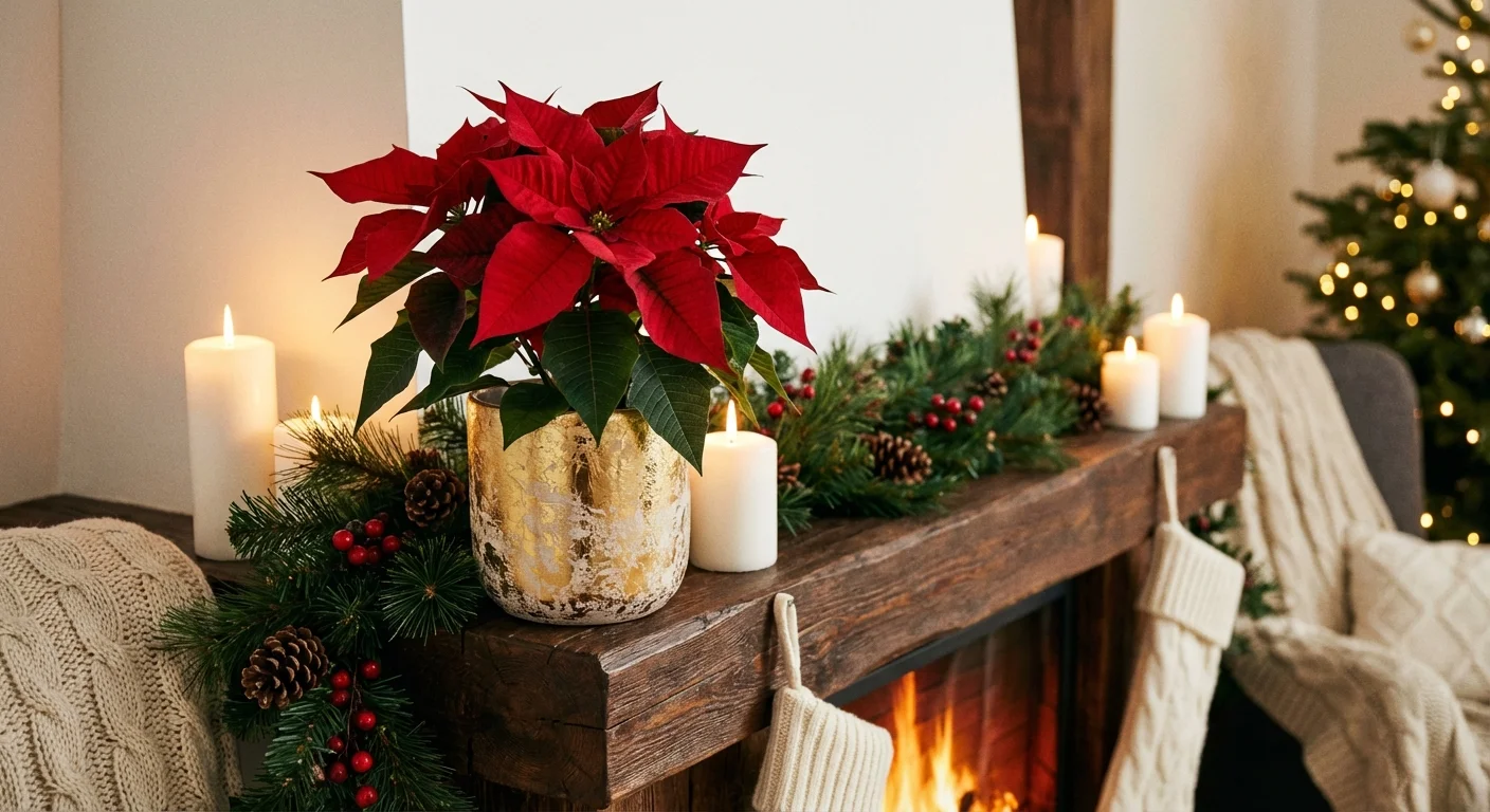 A bright red Poinsettia plant in a gold pot sitting on a decorated holiday fireplace mantle.