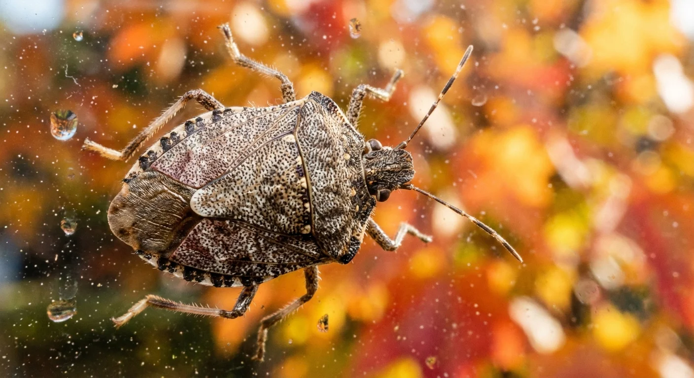 A brown stink bug on a window glass with blurred autumn trees in the background.