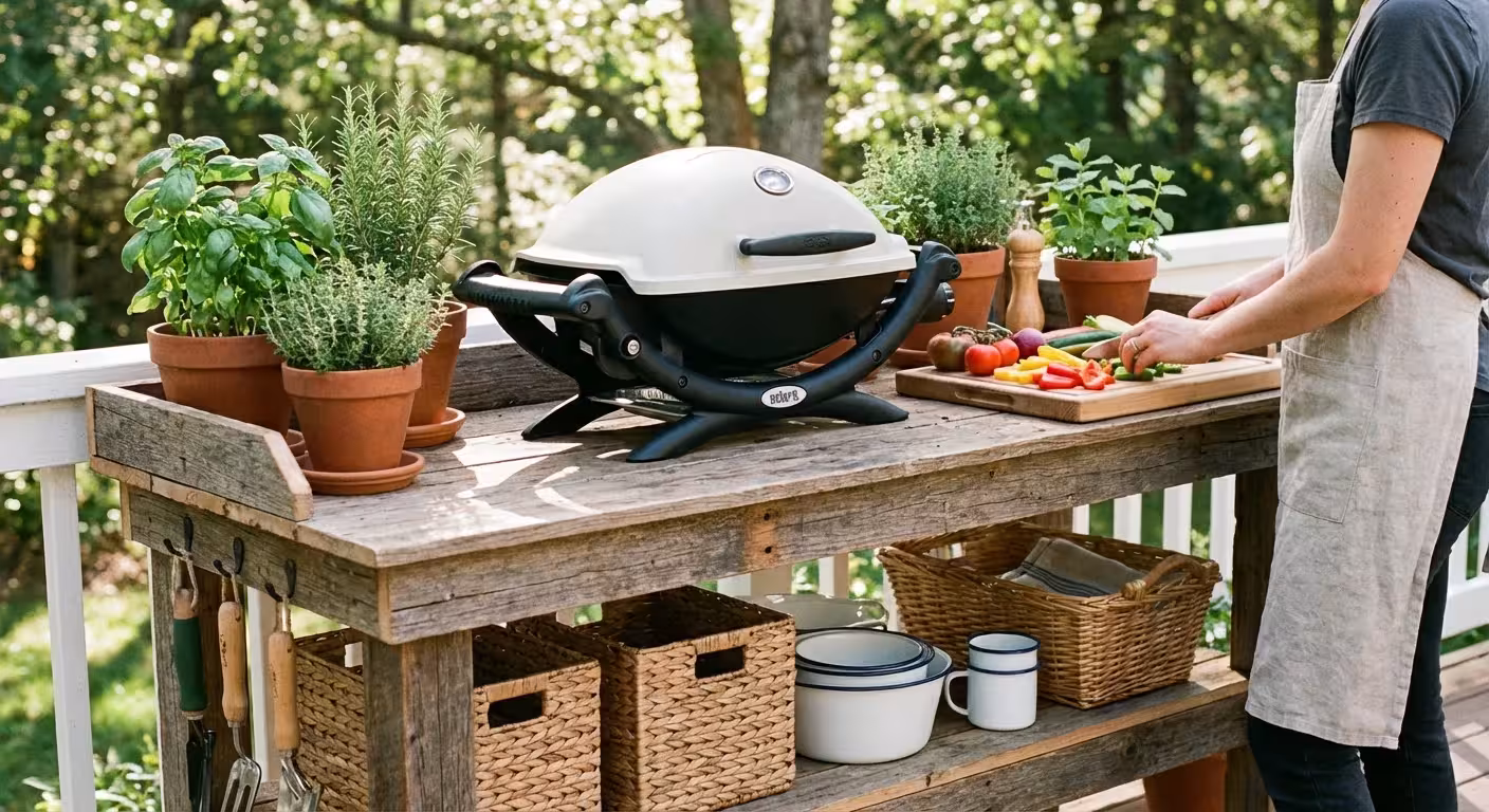 A budget-friendly yet stylish DIY outdoor grill station with herbs.