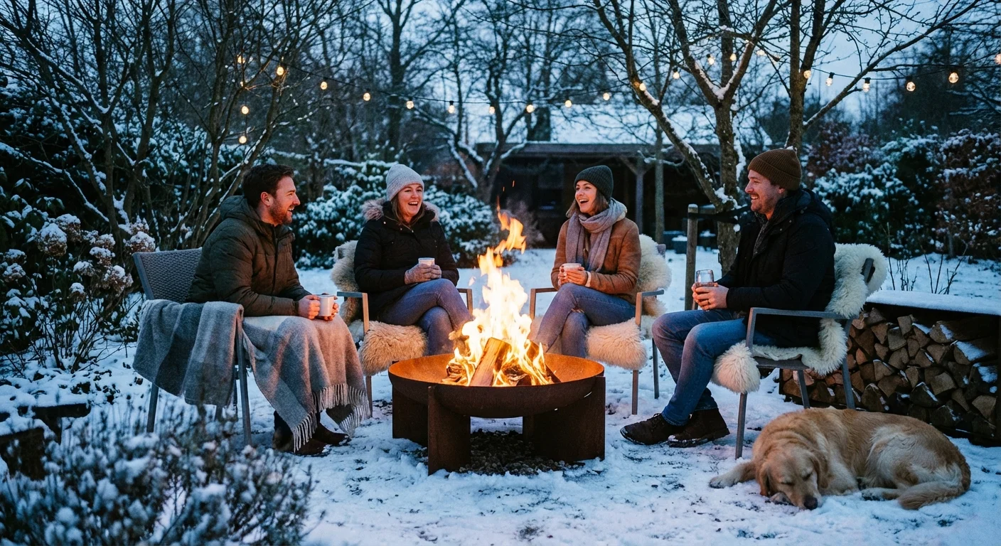 A burning fire pit in a winter garden surrounded by chairs and blankets at dusk.