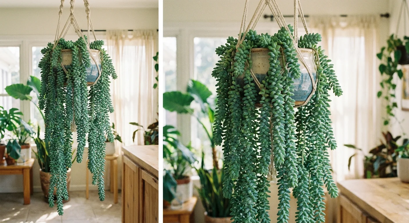 A Burro's Tail succulent trailing from a hanging white pot.