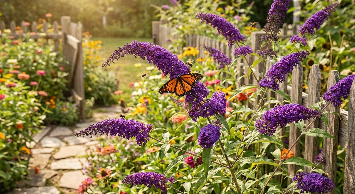 A butterfly on a purple butterfly bush flower spike.
