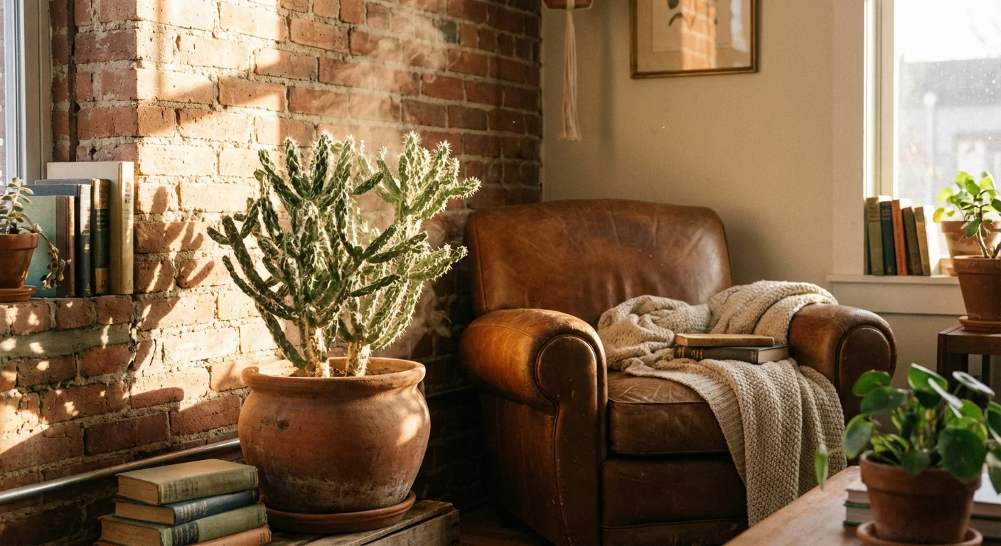 A cactus plant in a warm, sun-drenched indoor setting.