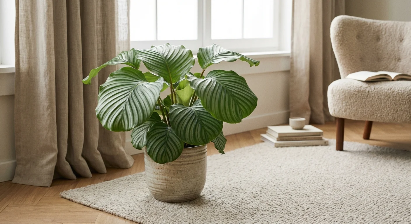 A Calathea Orbifolia with wide, round leaves featuring silver and green stripes.
